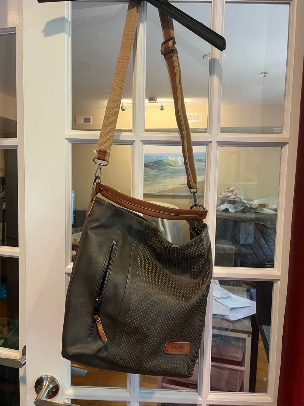 Prato Olive Green Messenger Italian Bag with Tan Trim by